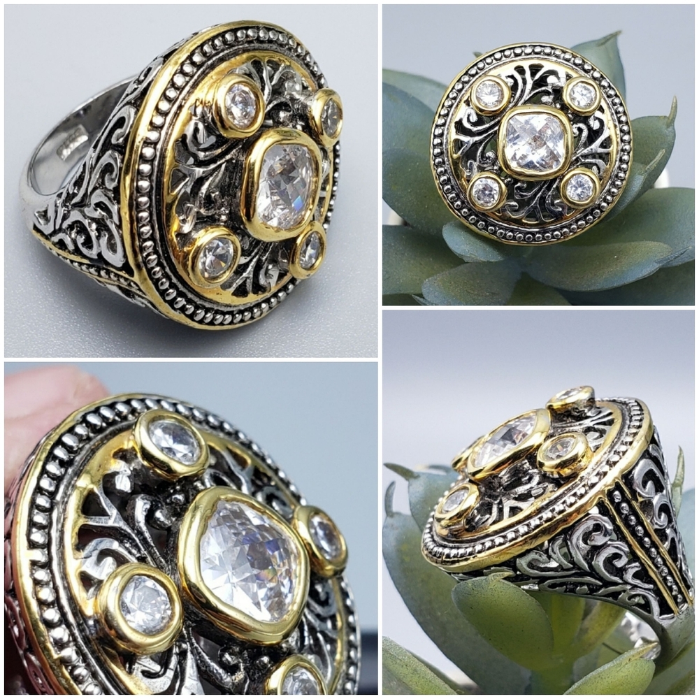 Large Silver & Gold Round Dome w/ Bezel set Crystal 18kge